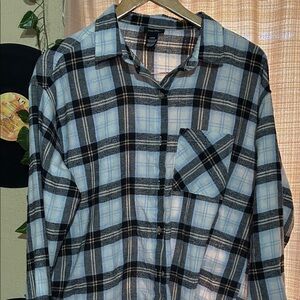 Black Blue White And light Pink/Beige Plaid Button-Up Shirt